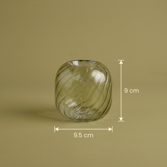 Olive Swirl Glass Candle Holder Small — dimensions 9.5 cm diameter x 9 cm tall