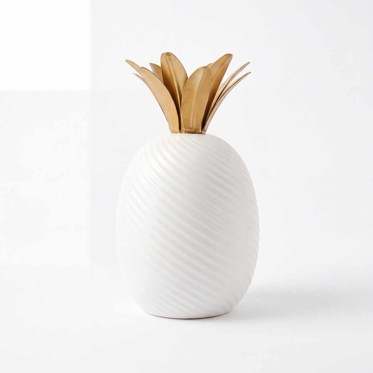 Ribbed White Pineapple Decor Accent — front view on white background