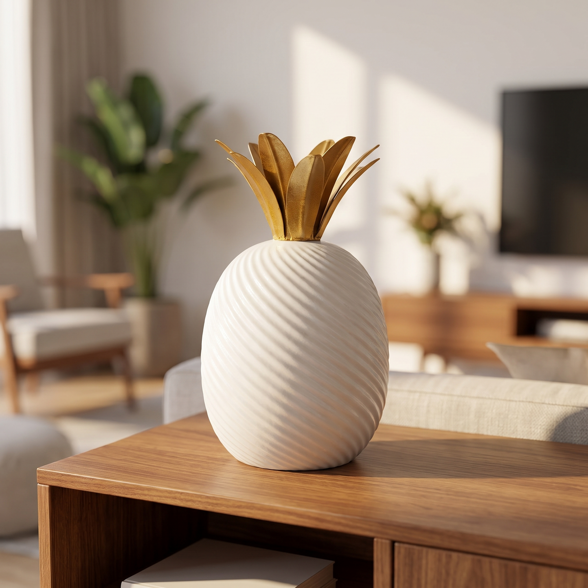 Ribbed White Pineapple Decor Accent styled on a console shelf