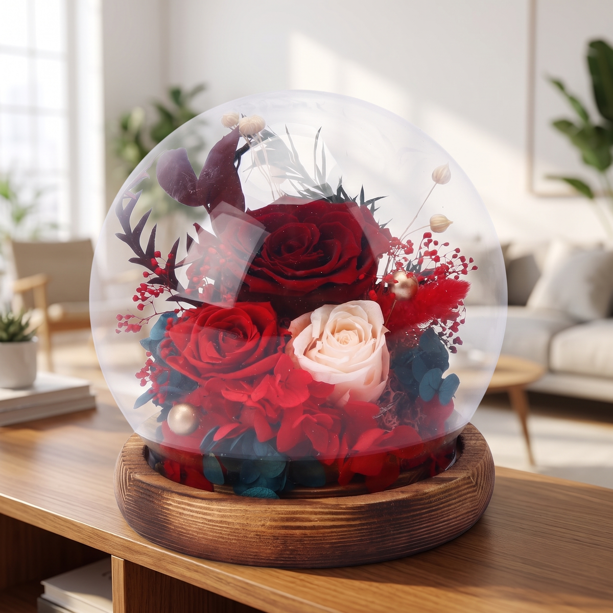 Crimson Eternal Rose Dome styled on a console shelf