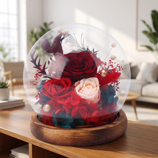 Crimson Eternal Rose Dome styled on a console shelf