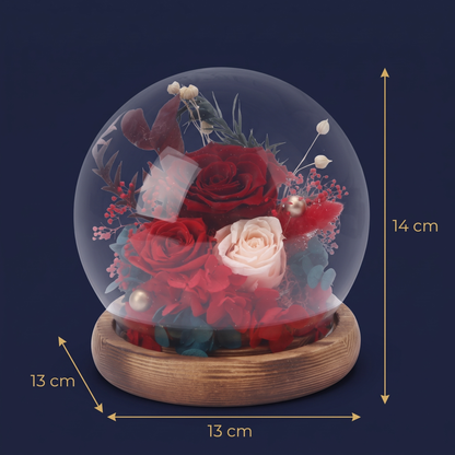 Crimson Eternal Rose Dome — dimensions 13 x 13 x 14 cm