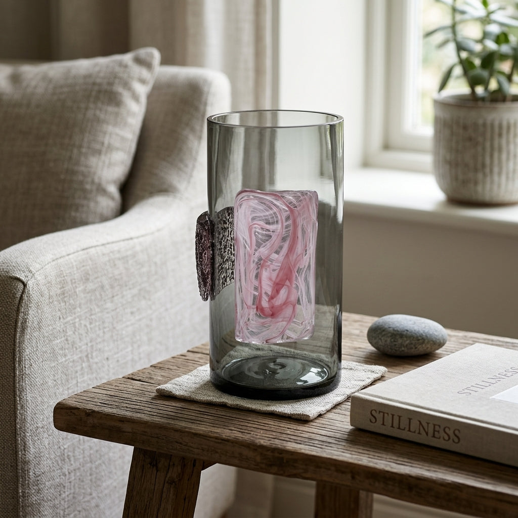 Wide Artistic Glass Vase — Sculpted Motif Finish
