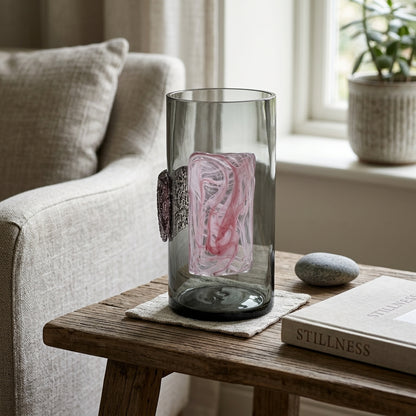 Wide Artistic Glass Vase — Sculpted Motif Finish