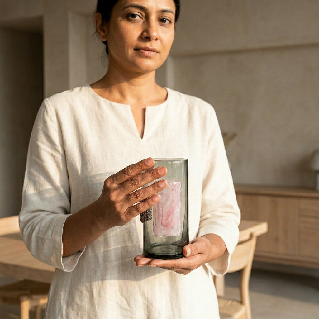 Wide Artistic Glass Vase — Sculpted Motif Finish