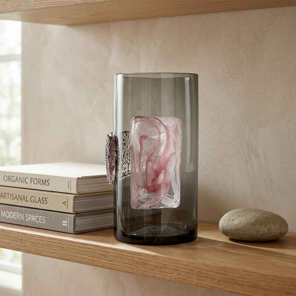 Wide Artistic Glass Vase — Sculpted Motif Finish