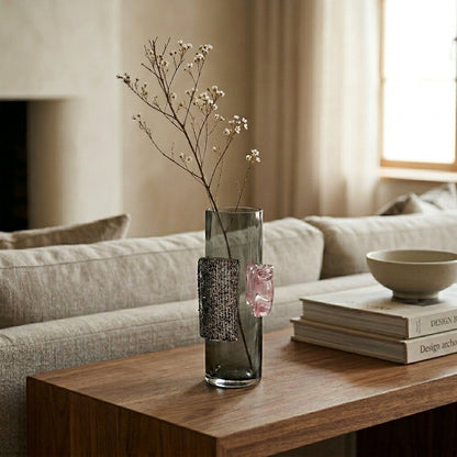 Wide Artistic Glass Vase — Sculpted Motif Finish