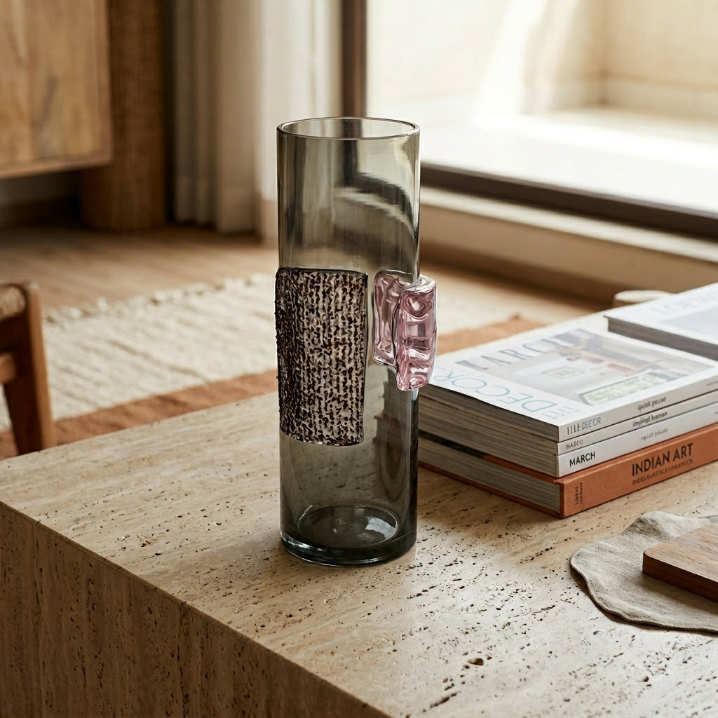 Wide Artistic Glass Vase — Sculpted Motif Finish