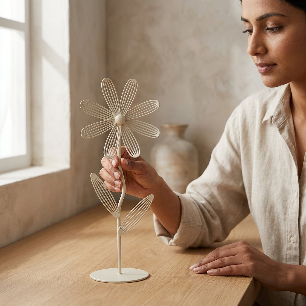 Minimal Metal Daisy Sculpture – Tall Milky White