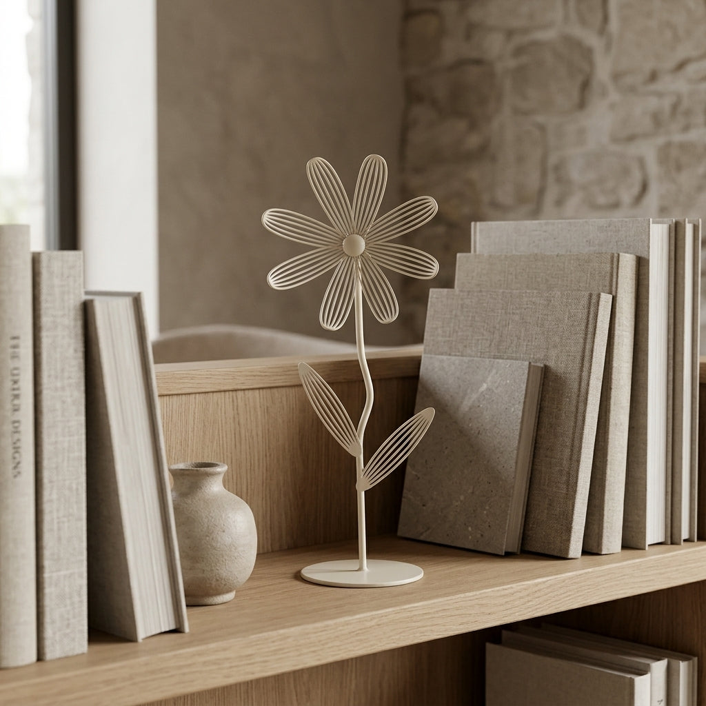 Minimal Metal Daisy Sculpture – Tall Milky White